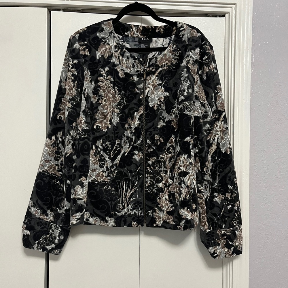 RQT Floral Velvet Jacket Full Zip Elegant Party Top Black Brown Gray XL